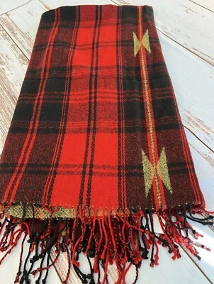 Pottery Barn Acrylic Plaid Cozy Throw Blanket Red Black & Gold With Fringe - Image 1 of 4
