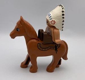 Lego Duplo Building Block Figure Vintage INDIAN CHIEF w/PONY Horse Headdress - Picture 1 of 4