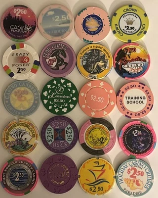 $2.50 LOT OF 20 VARIOUS MISCELLANEOUS CASINO CHIPS BARREL LOT #4 - Image 1 of 2
