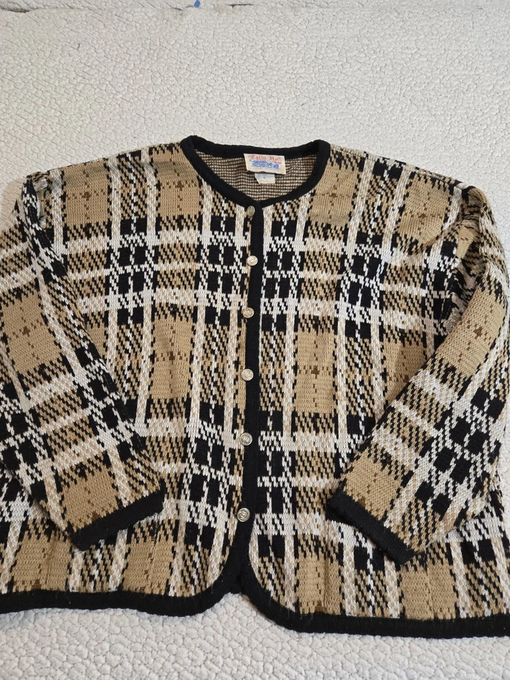 Cárdigan De Colección Tally Ho Abotonado A Cuadros Negro Dorado Crema Años 90 Y2k Preppy Talla L Foto 1 de 4