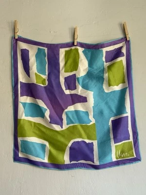 Bufanda cuadrada vintage Vera Newmann años 70 funky geométrica púrpura, verde y azul claro Foto 1 de 4