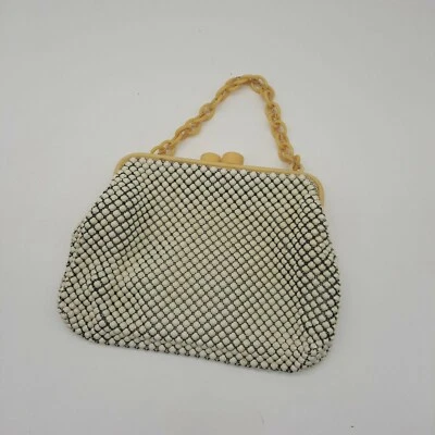 Vintage 1950s metal mesh celluloid purse handbag navy and white retro fashion - Image 1 of 4