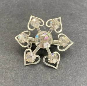 Vintage Floral Brooch Rhinestone Heart Shape Silver Tone Pin 1” - Picture 1 of 5