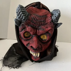 Hooded Devil Lucifer Red Mask w/ Ram Horns EyesCostume Mask Brown Hood Hallowern - Picture 1 of 7