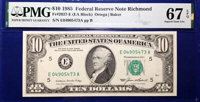 1985 $10 Federal Reserve Note Fr-2027-E Richmond PMG67EPQ Superb Gem - Image 1 of 2