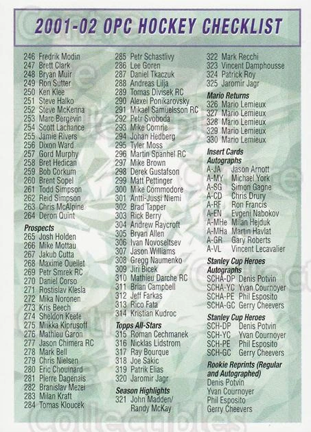 2001-02 O-Pee-Chee Checklist Green #2 Checklist - Image 1 of 1