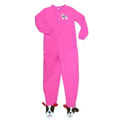 Nick & Nora Adult Small Puppy Dog Foot PJs One Piece Footie Pajamas Pink Fleece - Image 1 of 4