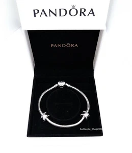 NEW 100% Pandora 925 Silver Snake Chain Heart Clasp 2 Charm Bracelet Gift Set  - Picture 1 of 3