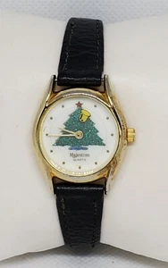 Ladies Vintage Round Christmas Tree Gold Tone Black Leather Band Analog Watch D7 - Picture 1 of 9