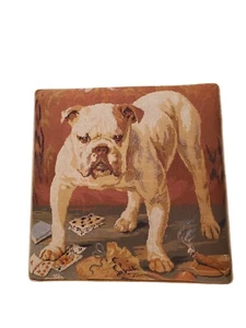 Vintage Bulldog Dog Playing Poker Tapestry & Velvet Foot Stool Ottoman Wood Feet - Picture 1 of 8