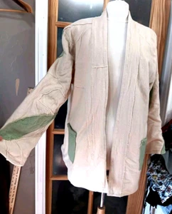 Vintage Wool Coat Patchwork Boho Handmade Lined Unique Cream/ Green Sz M/L COOL - Picture 1 of 11