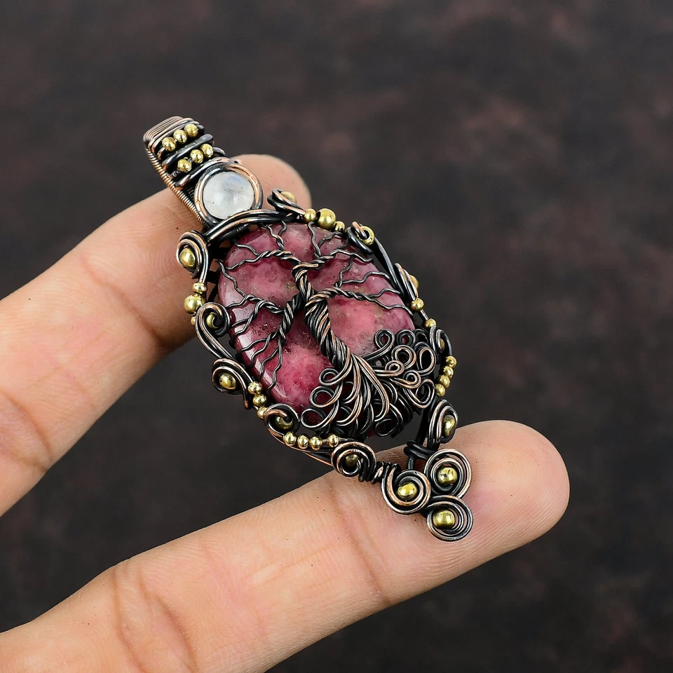 Rhodonite Jewelry Copper Gift For Bestie Wire Wrapped Tree Of Life Pendant 2.76" - Image 1 of 4