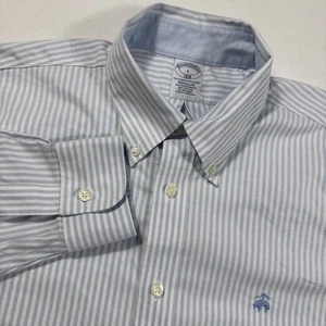 Brooks Brothers Mens L White Blue Stripe Button LS Polo Shirt Non Iron Stretch - Picture 1 of 8