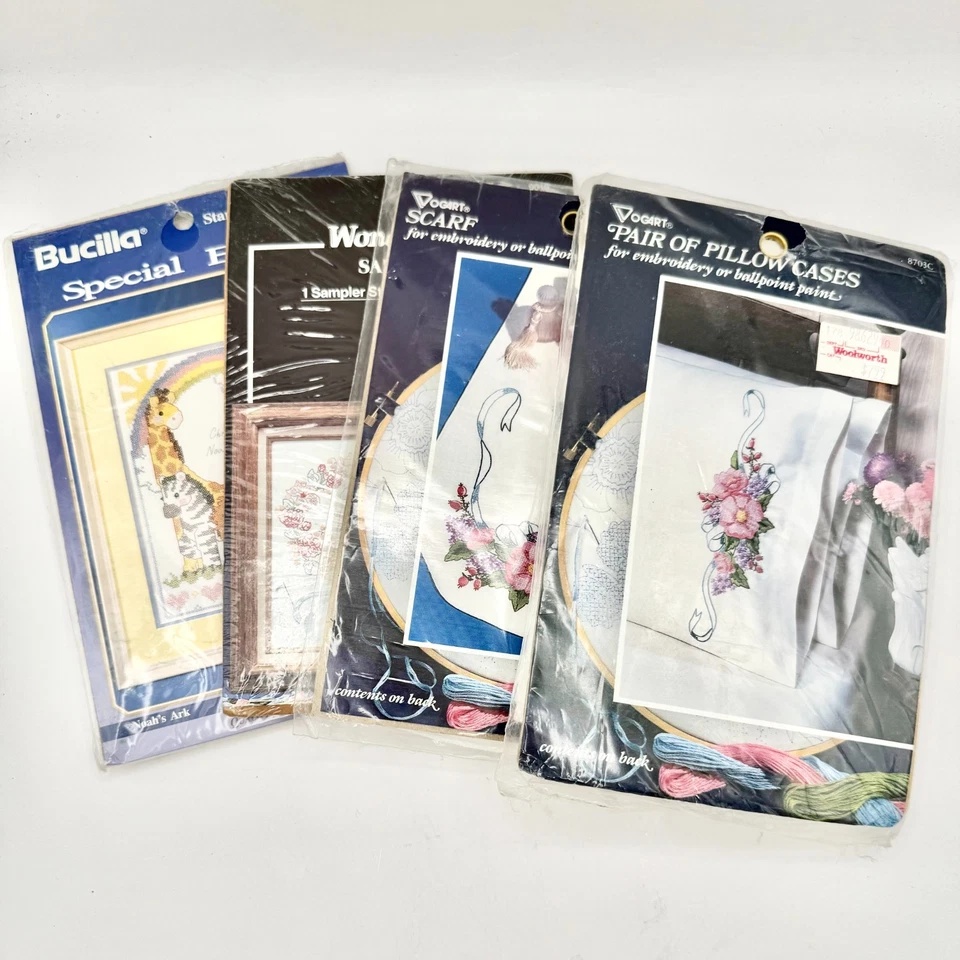 Lote 4 Kits de Bordado Vintage Vogart Bucilla WonderArt Fundas de Almohada Bufanda Muestreador Foto 1 de 4