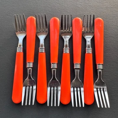 8 Youth Forks Stainless Plastic Silverware Flatware Kids Child Camp Retro - Image 1 of 4