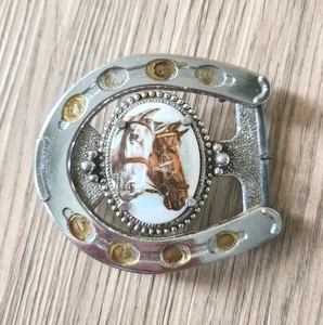 Hufeisen Pferdekopf Gürtelschnalle Vintage 70er Jahre Western Cabochon silberfarben - Bild 1 von 8