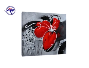 PINTURA AL ÓLEO DE LONA MODERNA DE LONA DE FLORES ENMARCADA BLANCA Y ROJA - Imagen 1 de 5