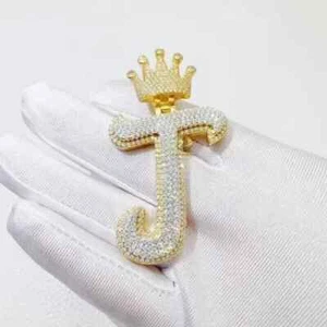 3.00Ct Round Cut Moissanite Custom "J" Letter Pendant 14K Yellow Gold Plated - Picture 1 of 7