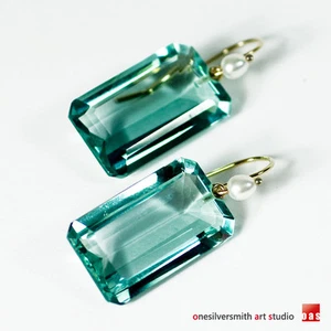 Pendientes colgantes de perlas prasiolita talla esmeralda X grandes de oro macizo de 18k 14k - Imagen 1 de 12