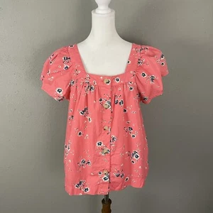GAP $54 Women's Top Size L Coral Pink Floral Blouse Button Front Cotton Square - Picture 1 of 9