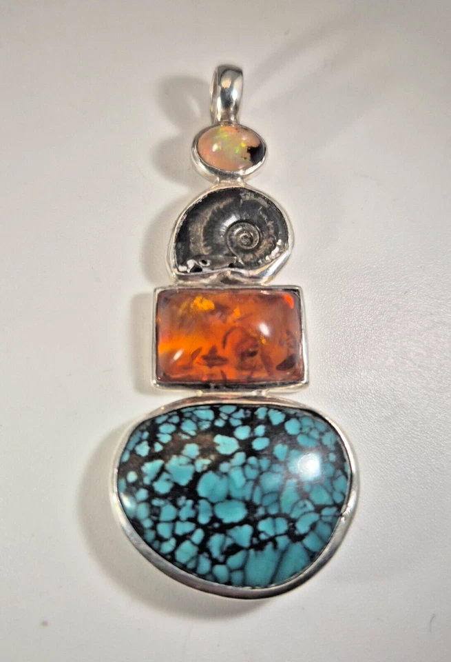 Anhänger Feueropal Ammonit Bernstein Türkis Spiderweb Silber 925 Unikat 271 - Bild 1 von 4