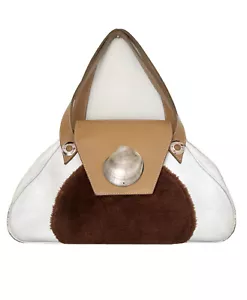 Women’s White And Tan Leather Shoulder Bag With Faux Fur Accent - Picture 1 of 12