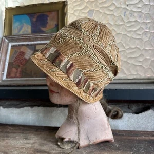 Antique 1920s Straw Cloche Hat Lamé, Soutache Embroidery Headpiece Vintage - Picture 1 of 19
