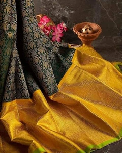 New Women's Kanjivaram Soft Silk Saree With Blouse Piece (Green Yellow) - Picture 1 of 3