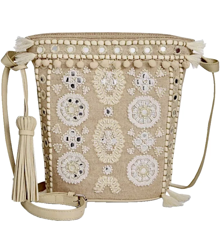 Angel by L. Martino Natural Small Bucket Crossbody Beaded White Tassel Bag