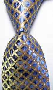 New Classic Checks Gold Blue White JACQUARD WOVEN 100% Silk Men's Tie Necktie - Picture 1 of 2