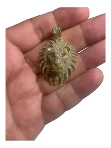 MEN 925 STERLING SILVER ICY CZ Yellow Gold PLATED 3D TIGER HEAD PENDANT*GM101 - Picture 1 of 4