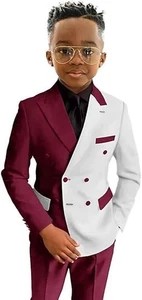 Patchwork Boy Suits Peak Lapel Double Breasted Wedding Groom Ring Bearer 2 Piece - Picture 1 of 33