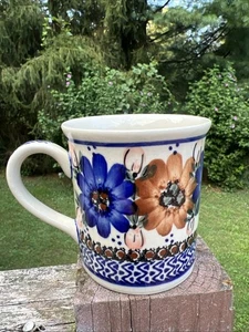 Polish Pottery Coffee Mug UNIKAT Hand Made in Poland Floral Cup Signed - Picture 1 of 12