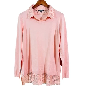Adrianna Papell Pastel Lace Collar Hem Shirt Sweater Pink Size XL - Picture 1 of 11