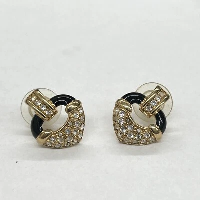 Swarovski Earrings Diamond Cut Crystals Black Enamel Gold Tone Metal E3 - Image 1 of 4