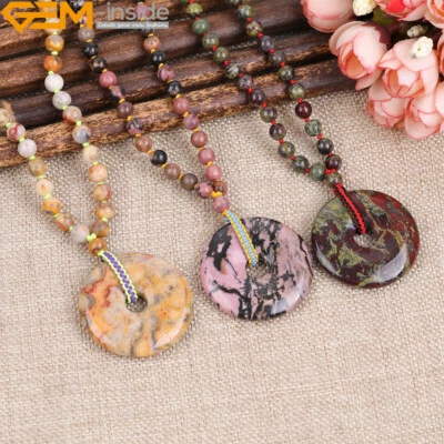 Natural Donut Amazonite Sodalite Agate Beaded Jewelry Pendant Necklace 18-16" - Image 1 of 4