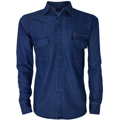 Camicia Jeans Uomo Manica Lunga Con Taschini Regular Fit M L XL 2XL 3XL Denim  - Immagine 1 di 4