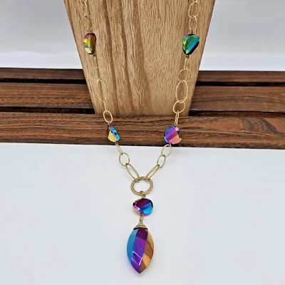 Collar Lia Sophia Oro Eslabón Y Cristales Aurora Boreal, 29-32" Ajustable Foto 1 de 4