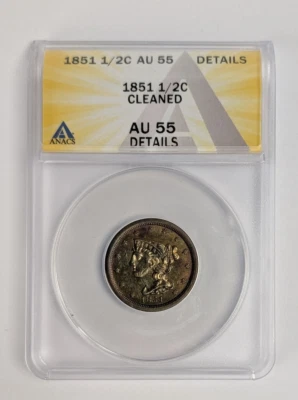 1851 Braided Half Cent  ANACS Au 55 Details United States  - Image 1 of 3