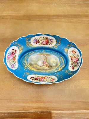 Французская антикварная фарфоровая чаша блюдо с романтическими цветами ручной росписи для любителей - Изображение 1 из 4