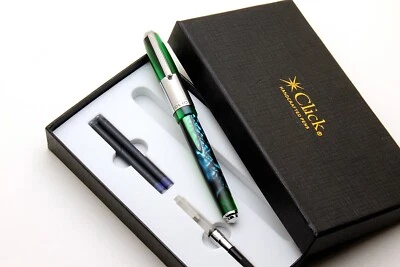 Pluma Estilográfica Click Retro Océano Azul y Verde Acrílico Cuerpo Bordes Cromados Nueva En Caja Foto 1 de 4
