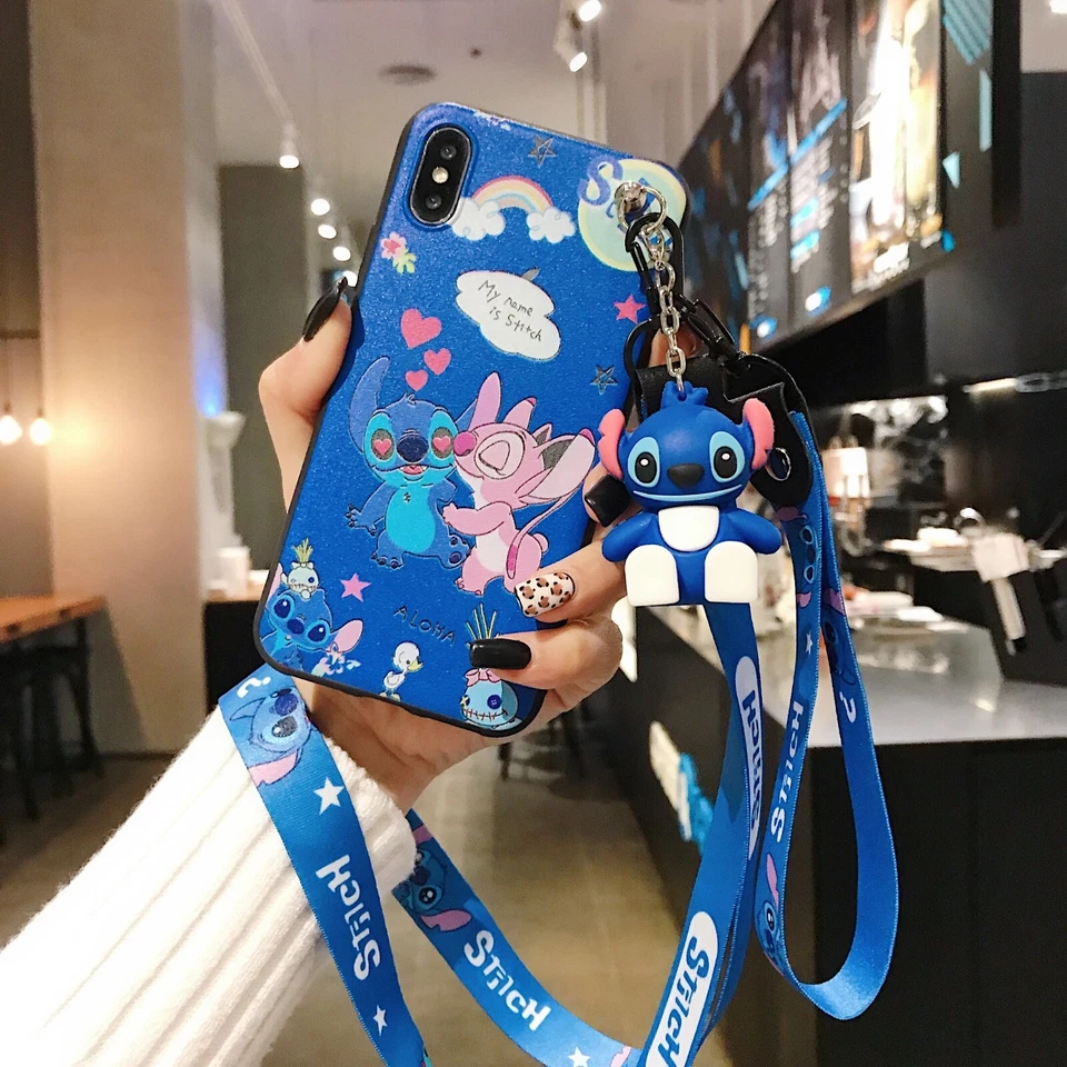 For iPhone Samsung Huawei Cartoon Stitch Doll Stand +Strap Girl Phone Case Cover - Image 1 of 4