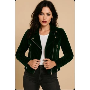 Lulu’s dunkelgrüne Samt Motorrad Jacke Reißverschluss Biker Mantel Größe Small  - Bild 1 von 10