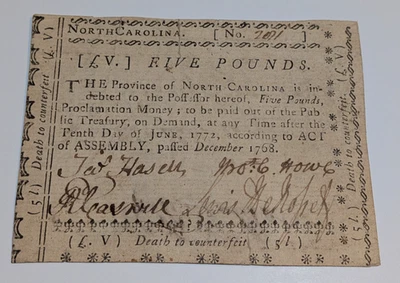 1768 North Carolina Colonial Currency – 5 Pounds Rare Pre-Revolutionary Note - Image 1 of 4