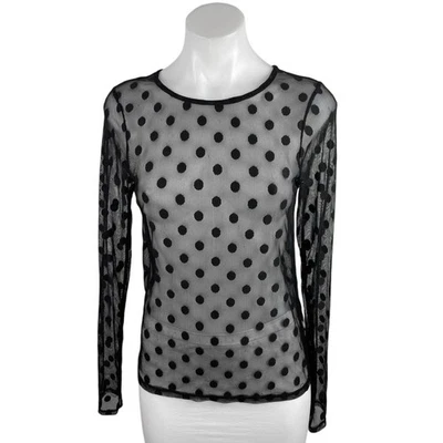 Blusa Top Zara Mujer Negra Manga Larga Lunares Ver a Través Malla Transparente Talla 8 Foto 1 de 4
