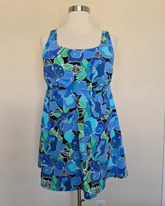 Lands End Übergröße 22W Badekleid Oberteil blau grün aqua Blumen Badeanzugkleid - Bild 1 von 16