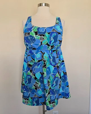 Lands End Plus Size 22W Swim Dress Top Blue Green Aqua Floral Swimsuit Dress - Image 1 of 4