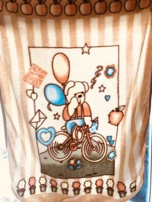 Vintage Baby Blanket  Mink Plush Color Tan Bear Riding Bicycle - Image 1 of 4