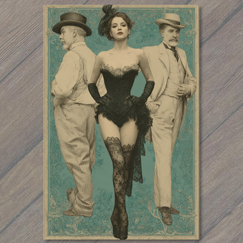 POSTCARD Burlesque Showgirl Two Gentlemen Vintage Lace Outfit Turquoise ...