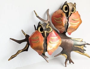 VTG MCM Brutalist Copper Brass Tone Metal OWLS Branch Wall Art Brass Sculpture - Picture 1 of 18